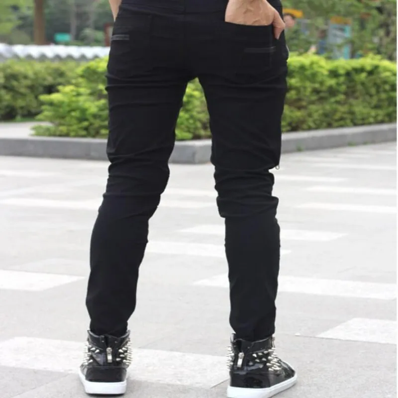 New Arrival Spring Fashion Mens Punk Skinny Pants For Man Cool Cotton Casual Pants Zipper Slim Fit Black Goth Trousers