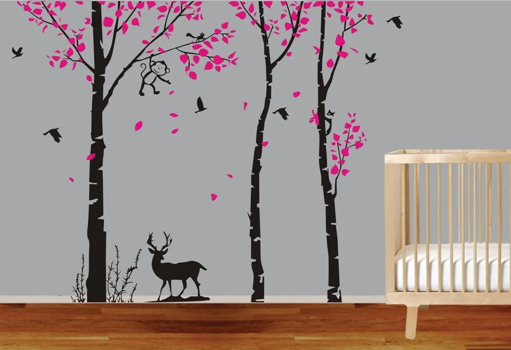 Lage Tree Branches Wall Stickers JUNGLE TREE MONKEY DEER BIRDS 1.8M Removable Wall Art Stickers Kids Vinyl Decals Mural D819