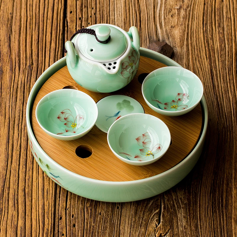 

lotus flowers Longquan celadon hand-painted pattern Round Mini-ceramic tea tray bamboo surface water storage water