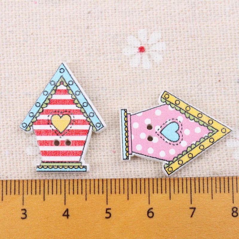 Wooden Buttons Cute Colorful mini house Shape Buttons 2 Holes Handmade Sewing Scrapbooking Crafts DIY 21x27mm 30pcs