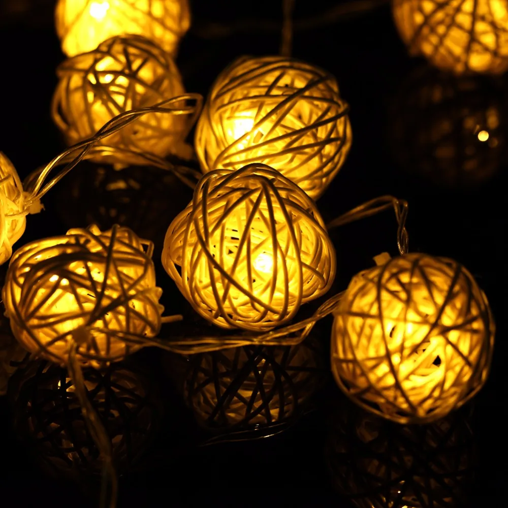 LED Battery String Lights 2M 20pcs White Handmade Rattan Balls String Lights Fairy Party Wedding Patio Christmas Decor