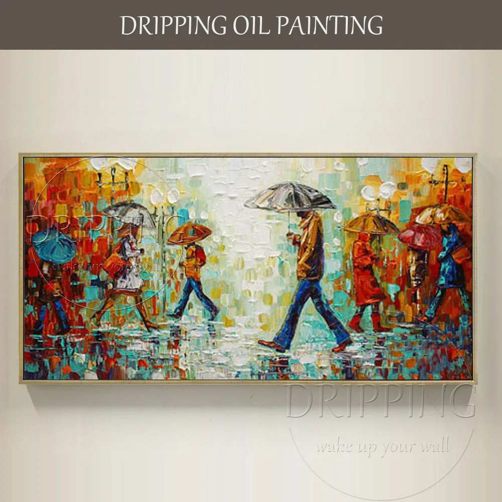 New Arrival Hand-painted High Quality Textured Walker Oil Painting on Canvas People with Umbrella Walking on Street Oil Painting