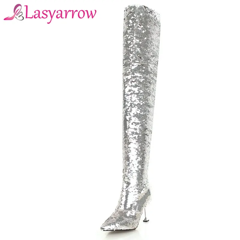 Lasyarrow Bling Bling Sopra Il Ginocchio Slim Fit Lunghi Stivali Scintillante Metallo Sottile di Alta Della Coscia Tacco Stivali Alti Pattini di