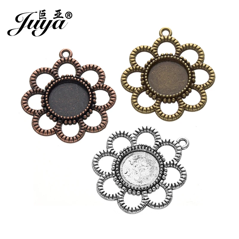 JUYA 10 sztuk/partia Fit 12mm okrągły Cameo Cabochon podstawa taca Bezel pusty naszyjnik kwiatowy wisiorek ustawienie DIY komponenty do wyrobu biżuterii
