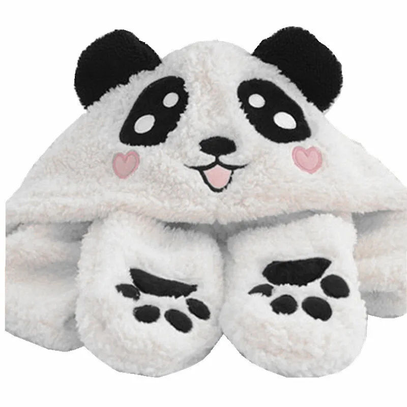 Panda Cartoon Dier Pluche Hoed kinderen Winter Warm Cap Gecombineerd Sjaal en Handschoen