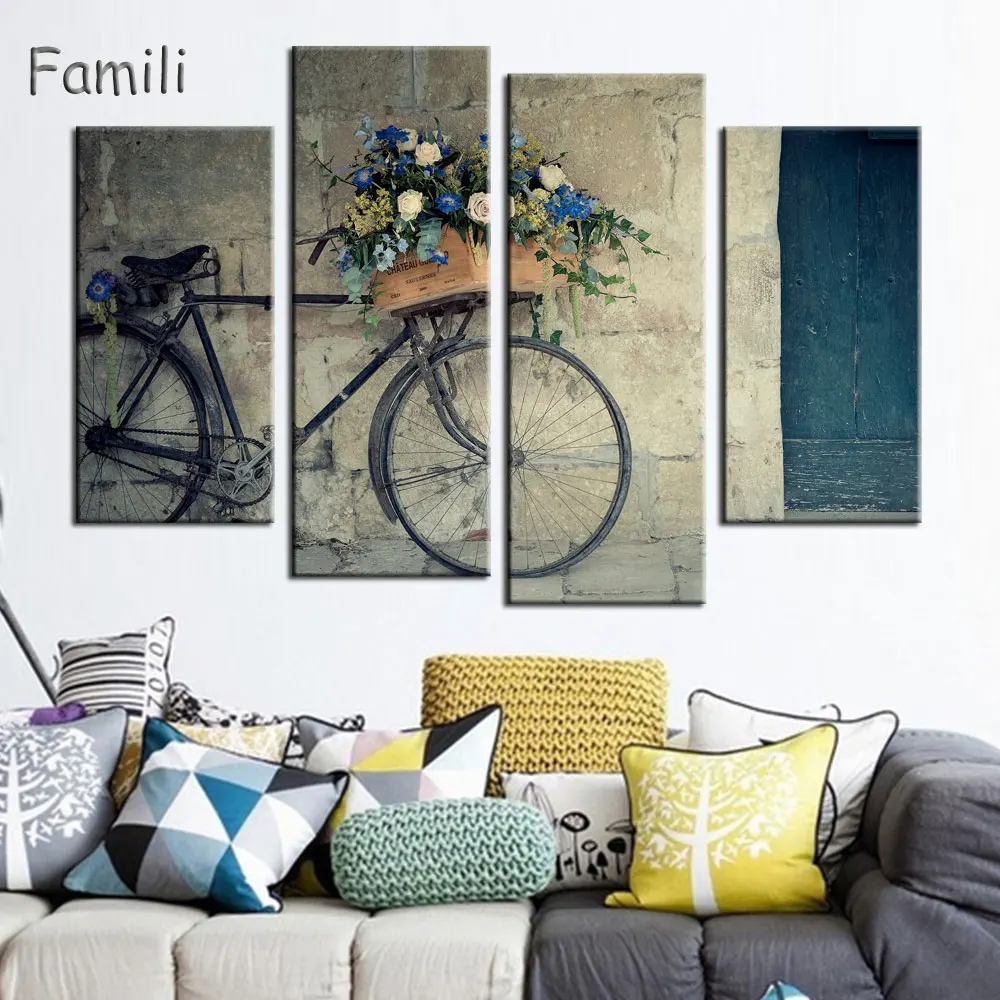 

4 Pieces Canvas Painting Vintage Home Decor Print Retro Bike Canvas Oil Painting Wall Picture Living Room Wall Painting