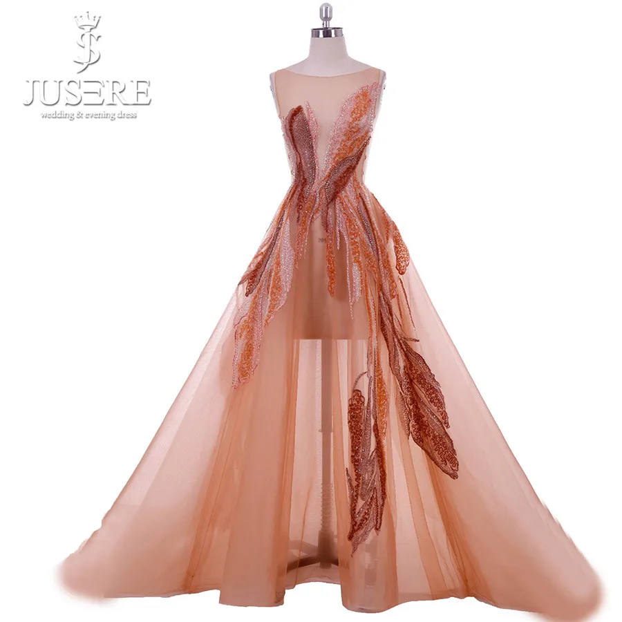 

Jusere Haute Couture Real Photos Embroidery A-line Evening Dresses Illusion With Crystals Tulle Gowns with Court Tail