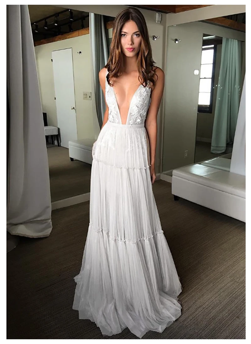 

Beach Wedding Dress Spaghetti Straps Chiffon Sexy V Neck Bride Dresses Open Back Simple Wedding Gowns Backless Floor Length