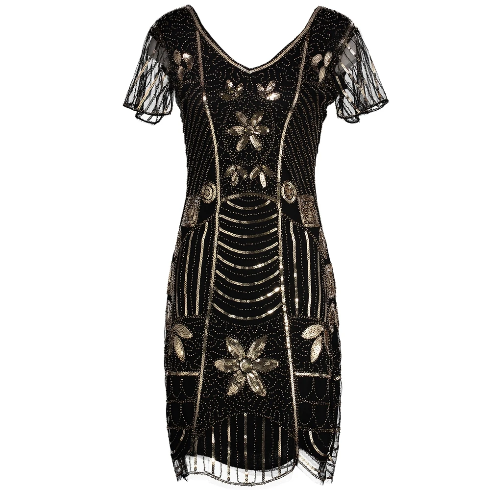 

Vintage 1920s Art Deco Beaded Sequin Embellished Flapper Dress Double V Neck Butterfly Sleeve Tunic Bodycon Gatsby Party Dress