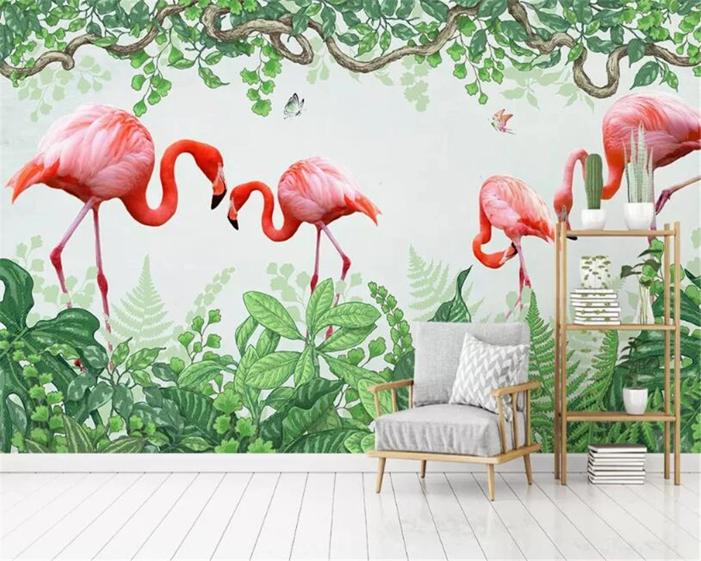 Custom mural hand-painted watercolor Flamingos banana leaves rainforest plant background wall decorative painting 3d wallpaper