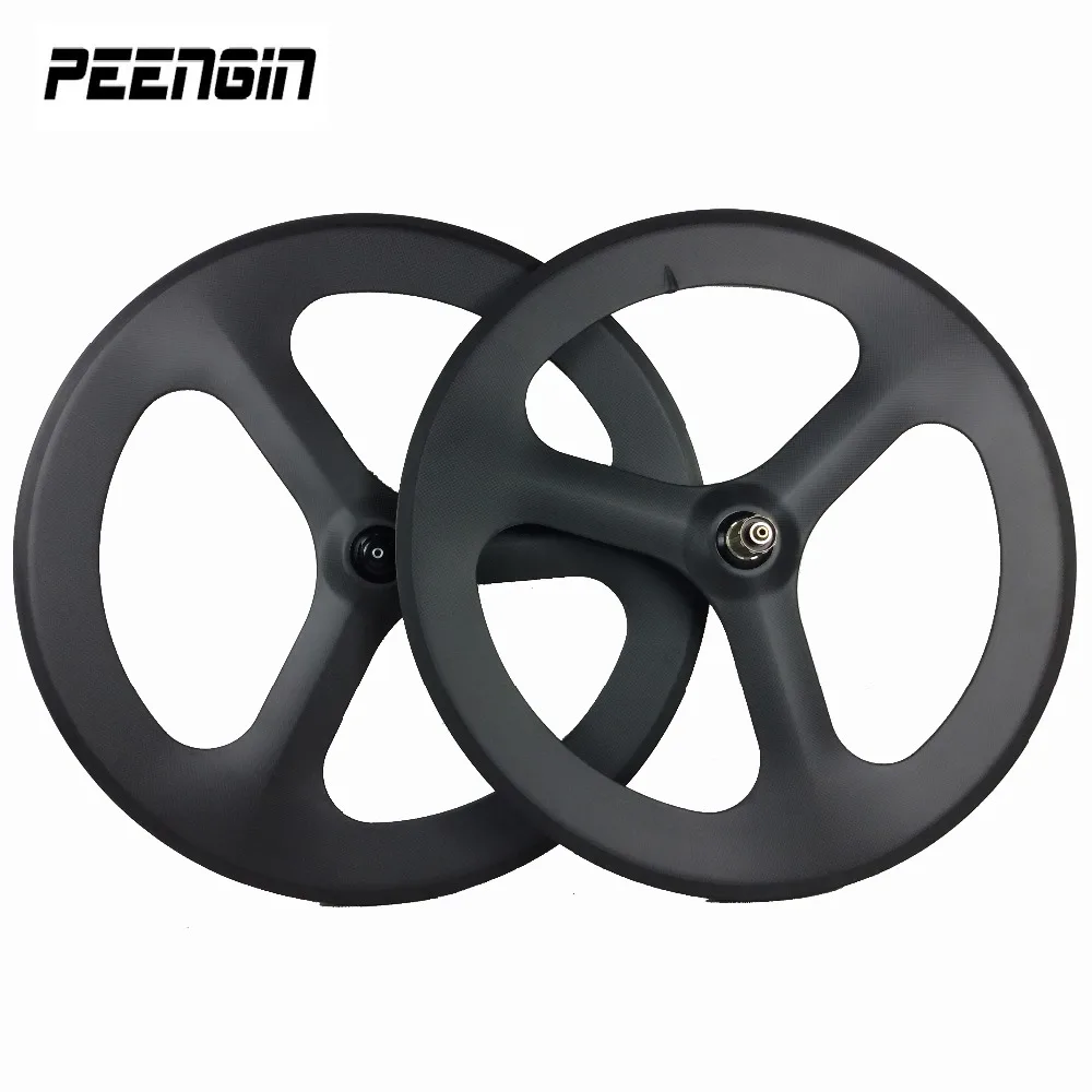 Cheap Sales 1 Pair Carbon Tri Spoke Wheels Track Bicycle Clincher Integrated 3 Rides Wheelsets Tubular Road Bike Fixe Gear Type