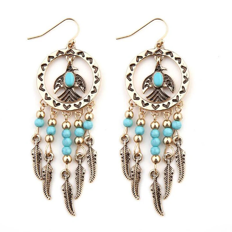 Bohemia Synthetic Stone Tassel Dangle Earrings For Women Ethnic Alloy Eagle Pendant Drop Earrings Fashion Jewelry Pendientes