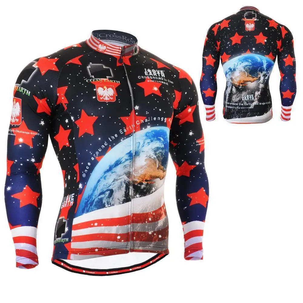 Men`s Long Sleeve Cycling Jersey Useful 3 Rear-pockets & Non-slip Silicone Band Earth Star Polyester Graphics MTB Bike Clothing