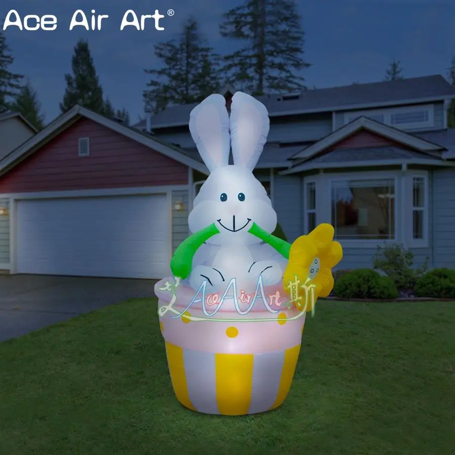 Inflatable Rabbit Sit on Basket with Led Lights for Easter Bunny Yard Decoration