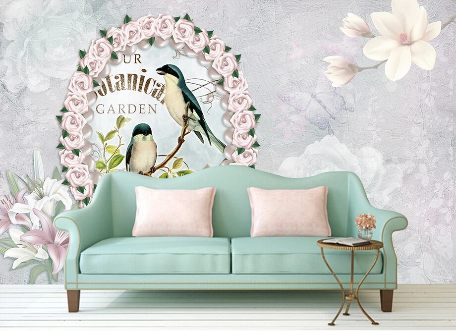 Custom large murals, Small fresh European bird and flower wallpaper, living room tv sofa wall bedroom wall papers home decor