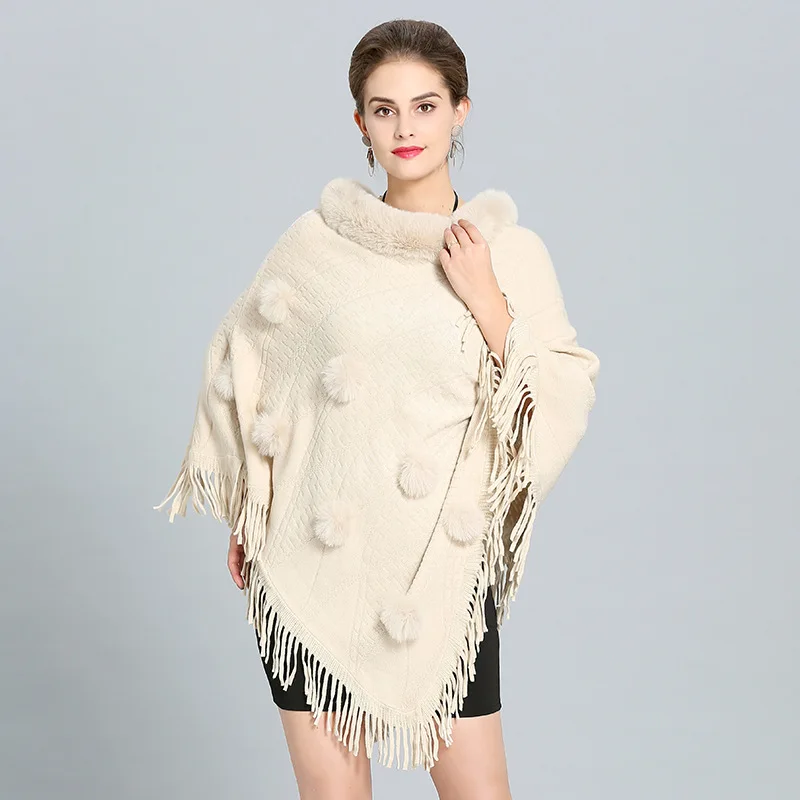 Khaki Women's Clothing Faux Fur Bat Sleeve Ponchos And Capes Round-Neck Knit Jacket Sweaters And Pullovers Faux Fur Coat Autumn