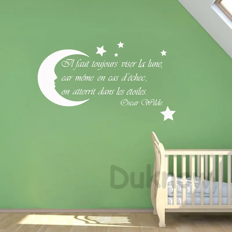 French Nursery Wall Art Decals Moon Stars Quote Decor , Oscar Wilde Saying Vinyl Wall Sticker France Home Kids Room Decoration