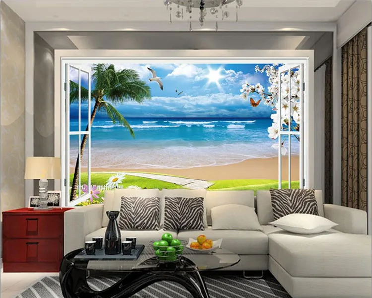 

papel de parede 3D large mural wallpaper window beach sea palm hut holiday backdrop custom photo wallpaper for walls