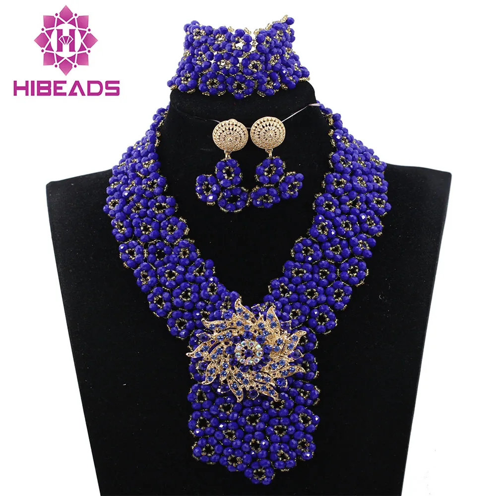 

New Indian African Wedding Beads Jewellery Set Fantastic Blue Bridal Jewelry Set Nigerian Bride Jewelry Set Free Shipping ABH308