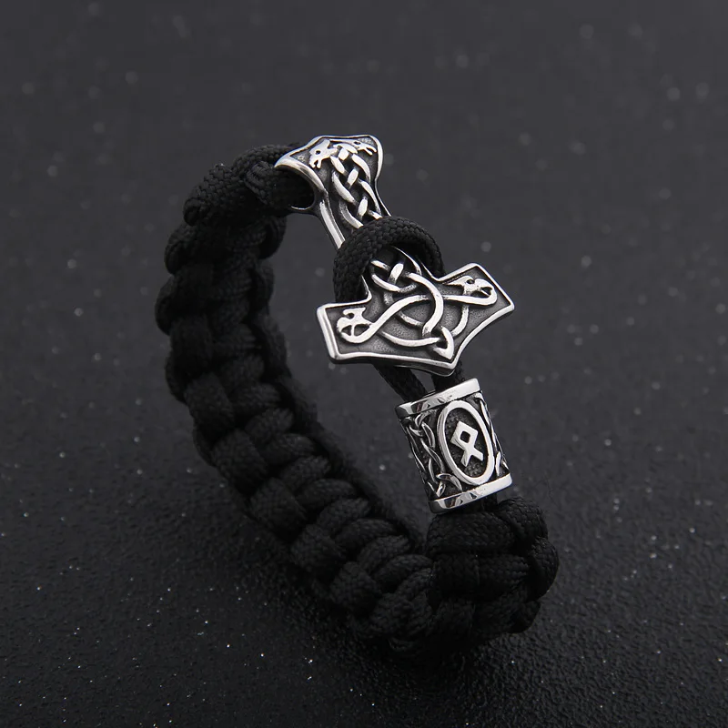 Dropshiping 316L stainless steel handmade Viking thor\'s hammer bracelet Celtic knot rune beads as man gift