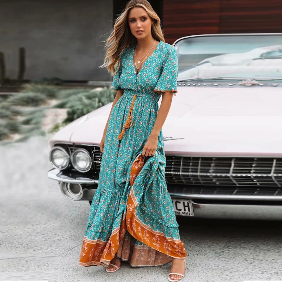 TEELYNN maxi Dresses Vintage Floral print sexy deep v-ncek Gypsy summer dresses loose Hippie Women dress long boho Vestidos 2019