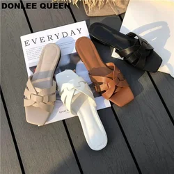 DONLEE QUEEN-Sapatos casuais rasos de toe aberto para mulheres, slides de marca, sandálias de lazer, chinelos de praia femininos, tamanho grande, 35-41, verão