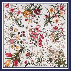 Sciarpa di seta in Twill di lino donna fiori stampa sciarpe quadrate grande Bandana fazzoletto di lusso sciarpa Hijab foulard femminili 130CM