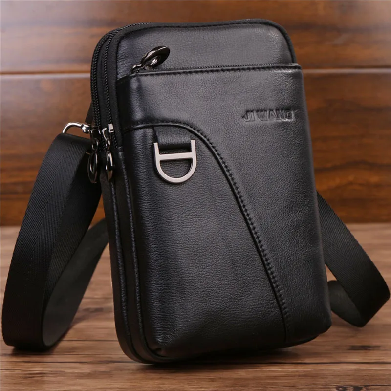 Bolso cruzado de cuero genuino para hombre, bolsa de hombro para la cintura, funda para teléfono móvil, bandolera con gancho