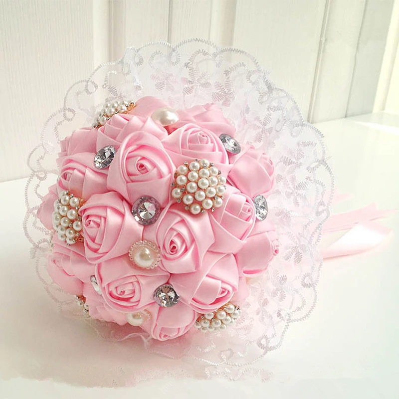 

Newest pink wedding bouquets pearl wedding slik flower bouquets for wedding decoration