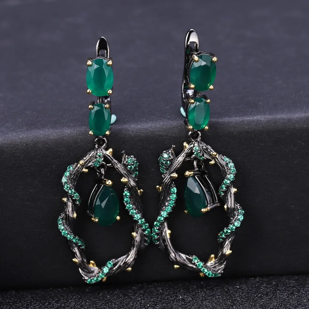 GEM\'S BALLET Natural Green Agate Gemstone Earrings 925 Sterling Silver Creative Handmade Snake Drop Earrings for Women Bijoux