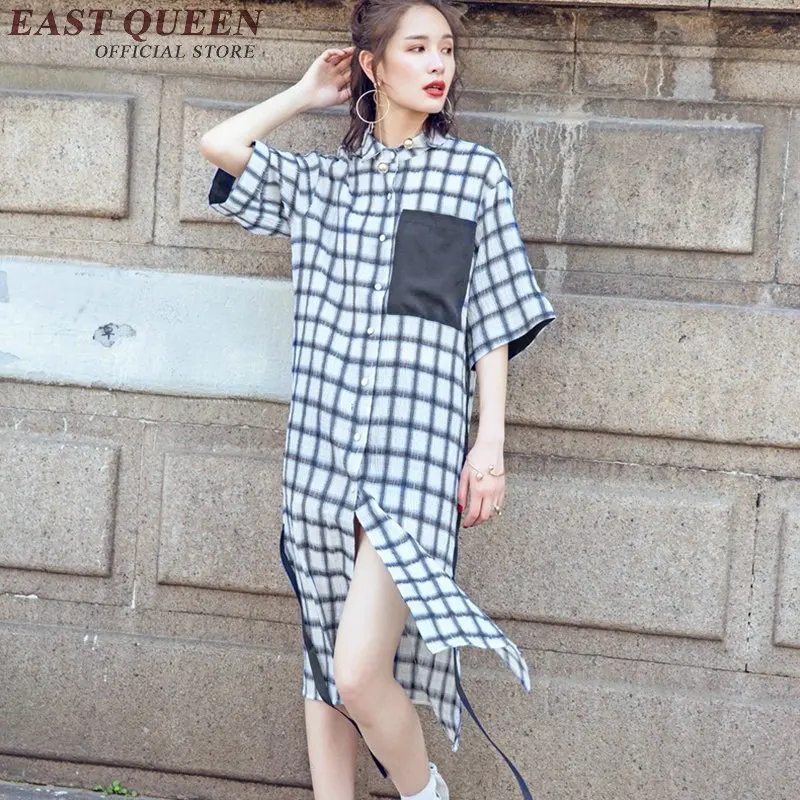 Retro style long blouse dress side split tshirt dress flare sleeve button front mid-calf plaid shirt dress NN0724 CQ