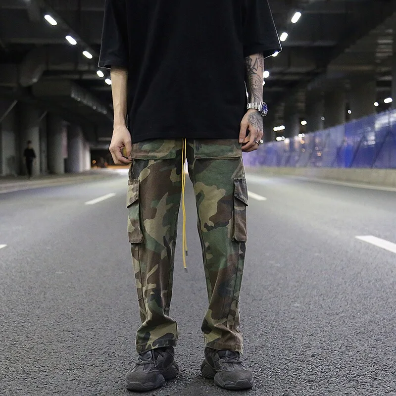 Mens Camouflage Hip Hop Pants Bottom Button Pockets Cargo Trousers Fashion Elastic Waist Drawstring Sportswear Streetwear Jogger