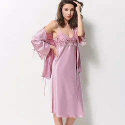 Xifenni Robe Sets Female Faux Silk Sleepwear Women SILK Bathrobes Two-Piece Sleeping Dresses Sexy Lace Home Clothing 2703