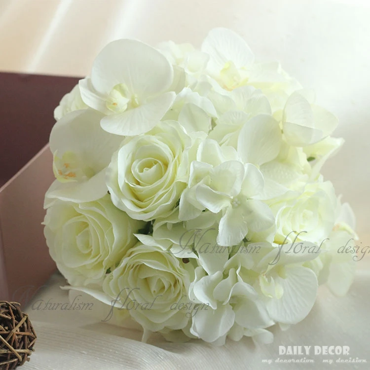 New artificial white rose Hydrangea Phalaenopsis silk flowers wedding bridal bouquet bride holding flower Bridesmaid bouquet