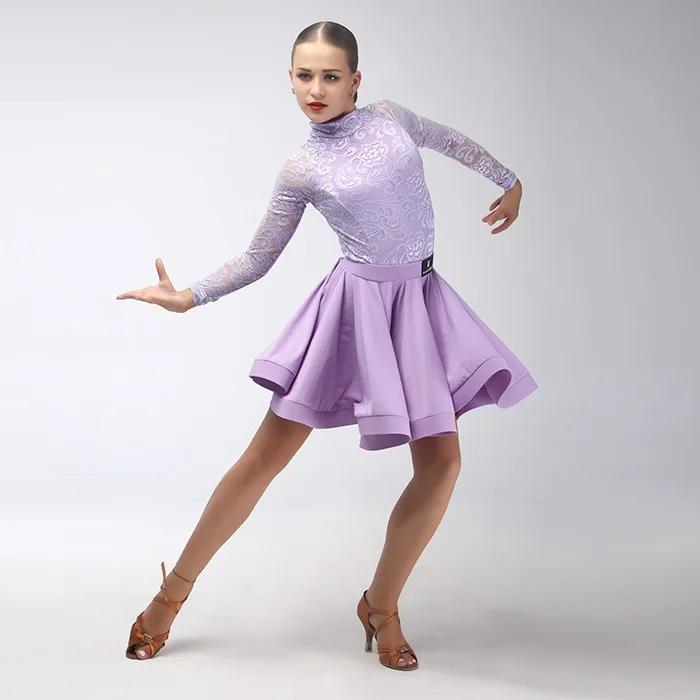 purple lace long sleeves girls Latin dance dress blue dance wear performance dress pink split body suit dance costumes kids