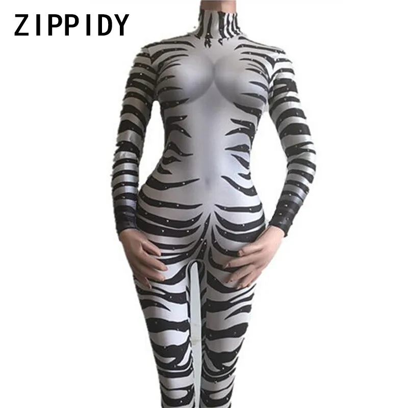 เซ็กซี่ Zebra พิมพ์ยืด Jumpsuit Rhinestones Stage สวมใส่บอดี้สูทนักร้องหญิงแสดงชุดบาร์ไนท์คลับชุดคอสเพลย์