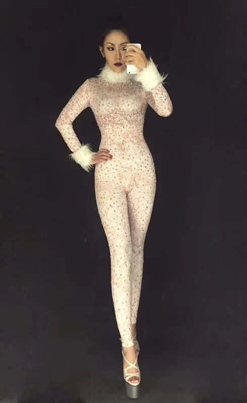 Mono blanco nuevo de encaje con diamantes de imitación, traje brillante para fiesta, traje elástico brillante, mono ajustado de escenario diseñado de una pieza