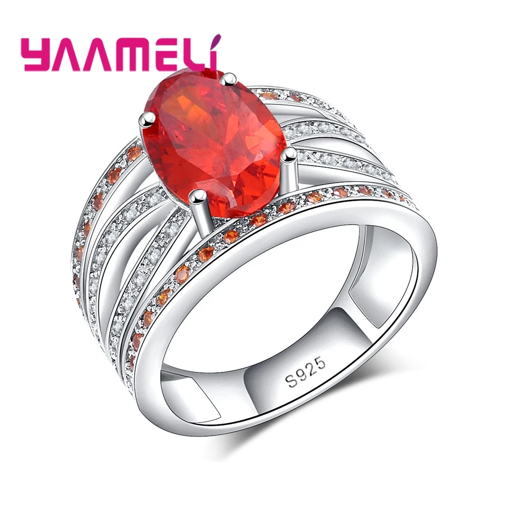 Elegant Charming Style Red Round Crystal Stone Ring Geometric Party Ceremony  Accessories 925 Sterling Silver For Women