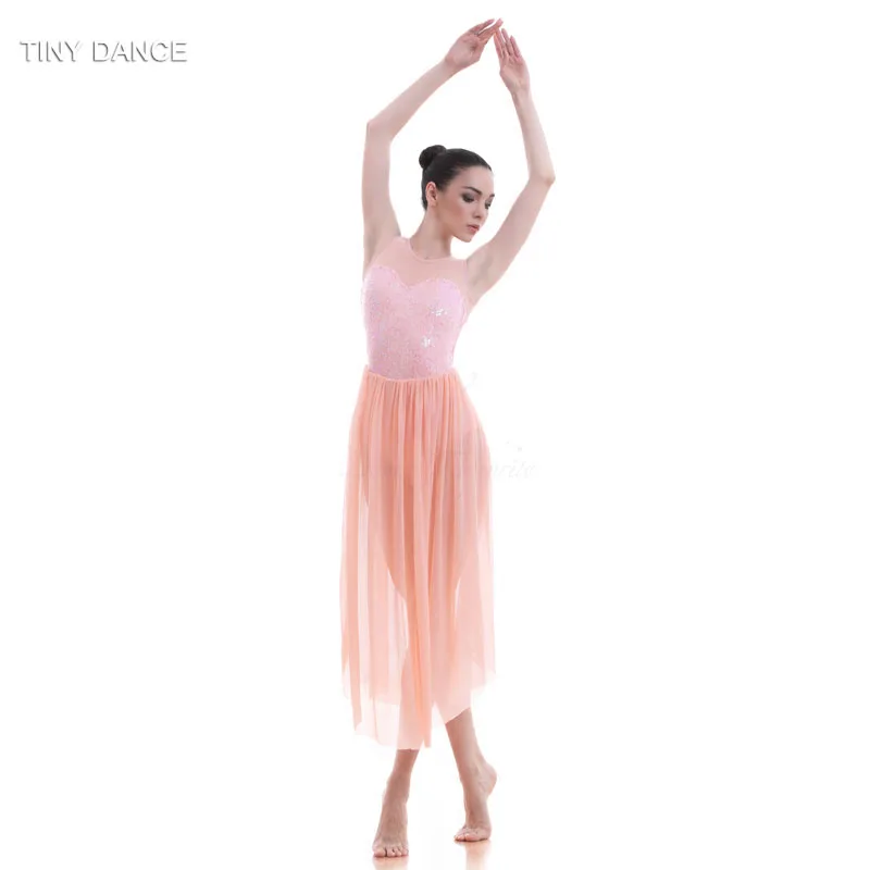 Top Quality Girls Sequin Dress Ballet Dance Lyrical Dress Women Stage Costumes Contemporary Dance Long Mesh Dress 16031