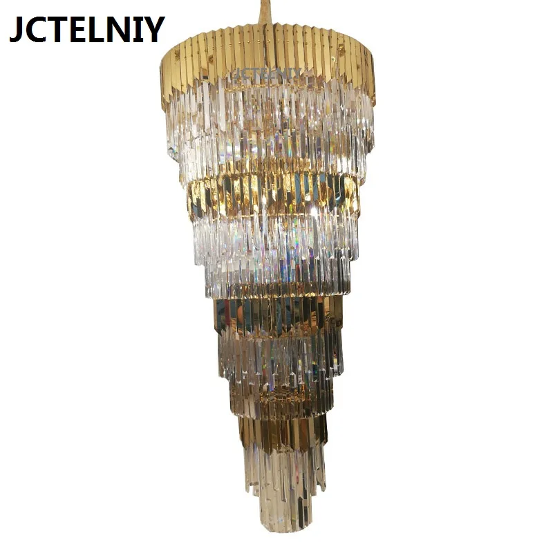 Luxurious golden crystal chandelier stainless steel k9 crystal lobby lights shining spiral staircase LED decorative chandeliers