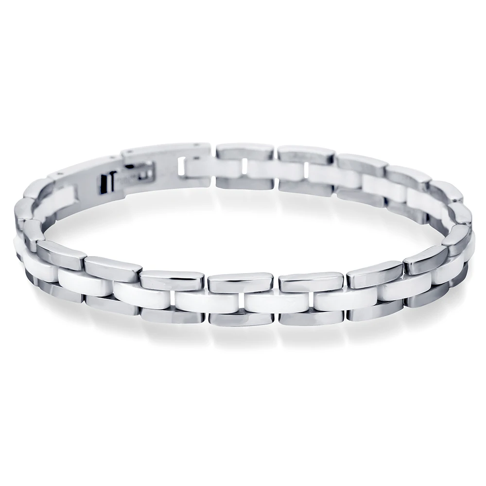 

VQYSKO 20cm White Ceramic Bracelet Bangle Stainless Steel Chain Link Bracelet Women And Men Jewelry