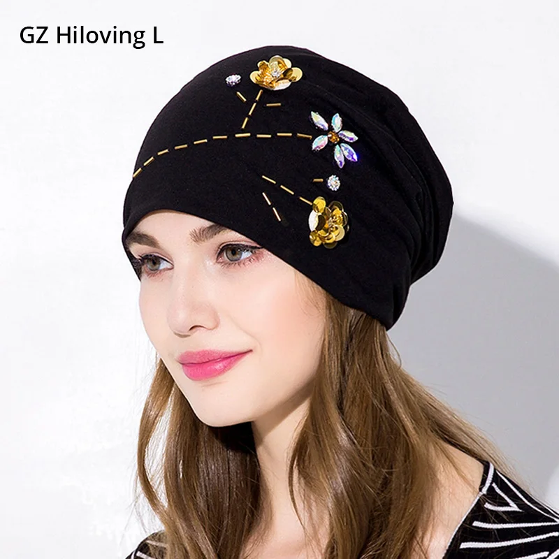 GZHilovingL New Brand Casual Polyester Cotton Shine Flower Rhinestones Beanies Hat For Women Skull Beanie Hats Bonnet For Female