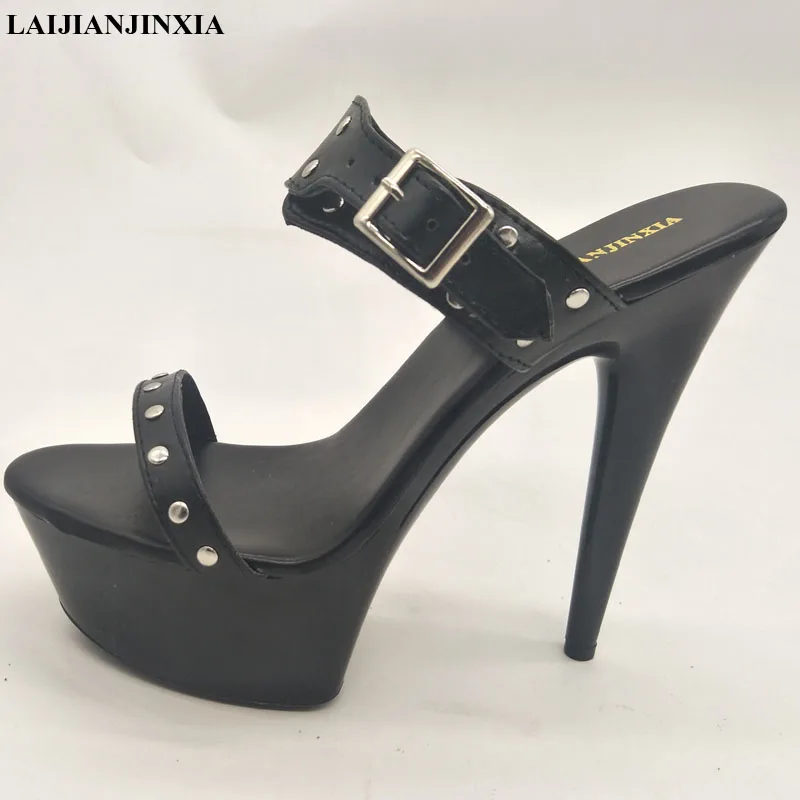 

LAIJIANJINXIA New Fashion Block Metal Buckle Platform 15cm Ultra High Heels Slippers Shoes Women's 6 Inch Lady High-Heeled Shoes