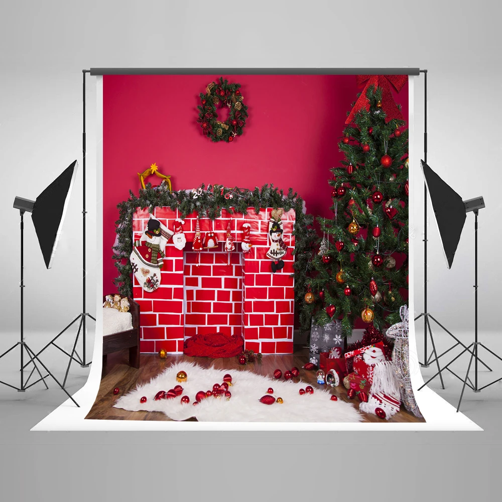 VinylBDS Red Christmas Backdrops Photography Fireplace Blanket Christmas Tree Camera Fotografica Profissional Cotton Background