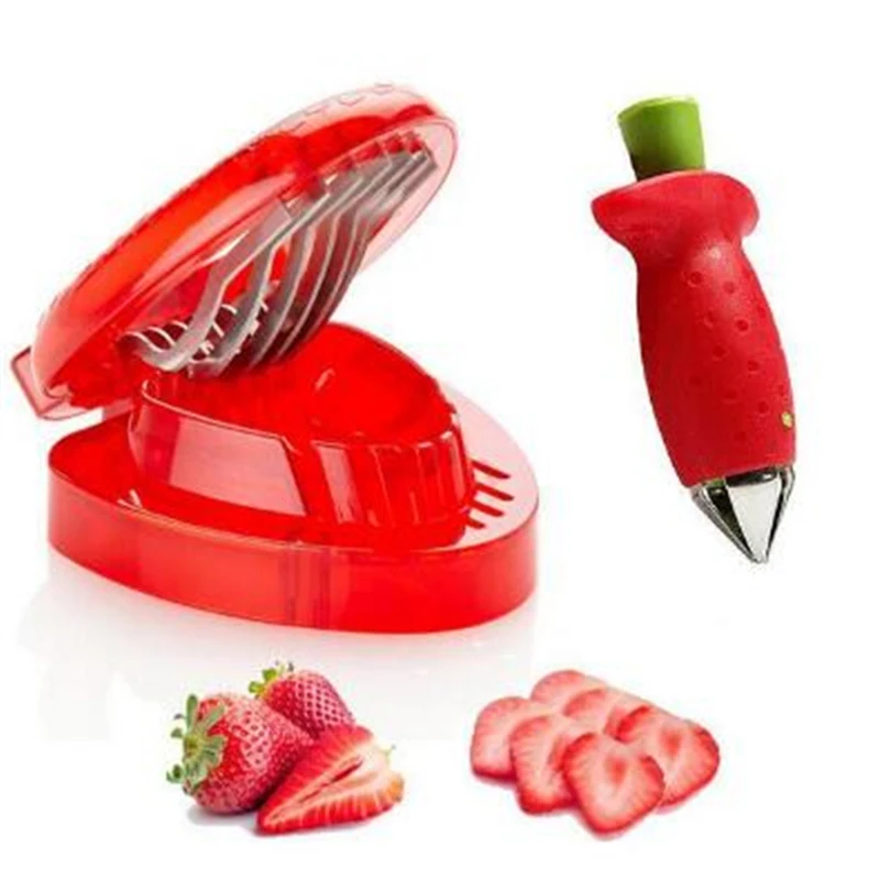 Kitchen Fruit Gadget Tools 2pc/ set Strawberry Slicer Cutter Strawberry Corer Strawberry Huller Leaf Stem Remover