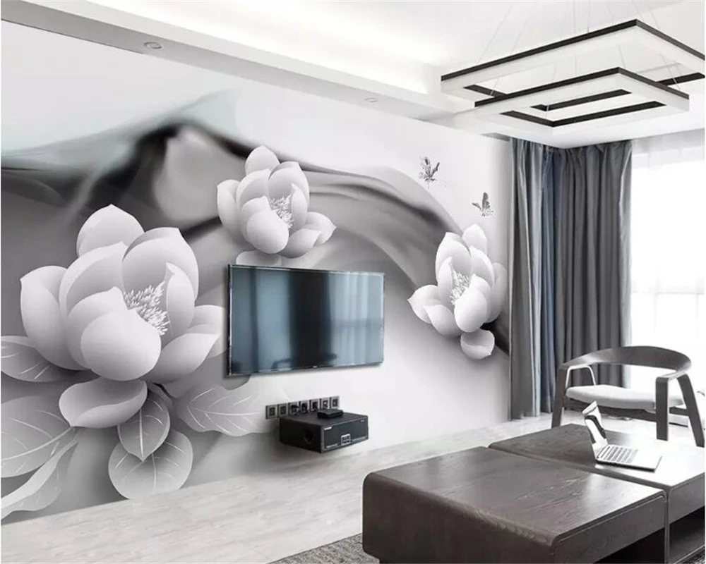 Custom size wallpaper black and white lotus butterfly background wall home decoration self-adhesive relief material 3d wallpaper