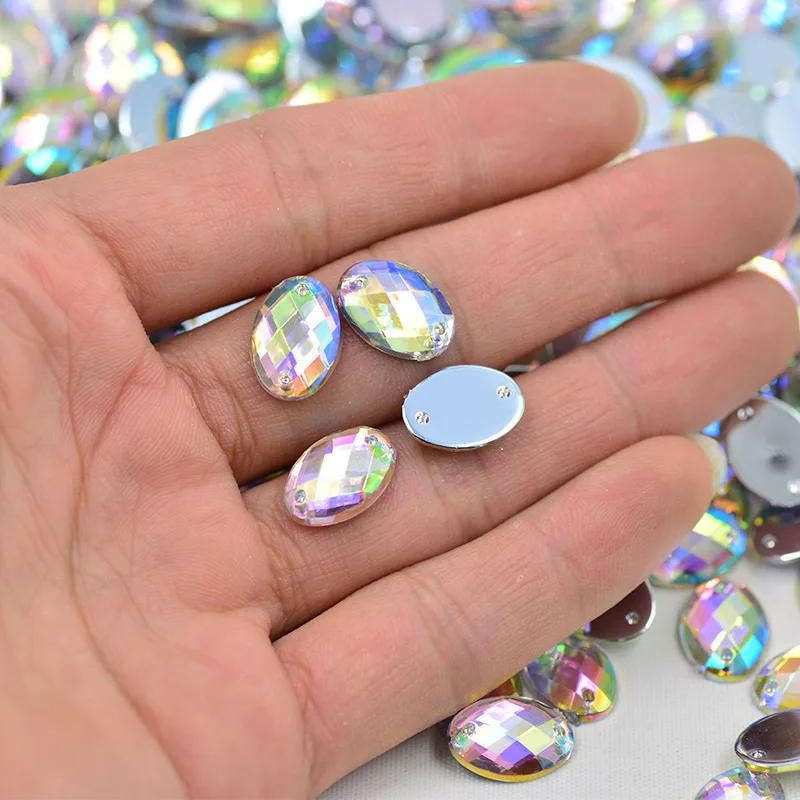 JUNAO 10*14mm 30*40mm Sew On Clear Crystals Oval Rhinestones Flat Back Acrylic Crystal Stones Sewing AB Strass for Clothes