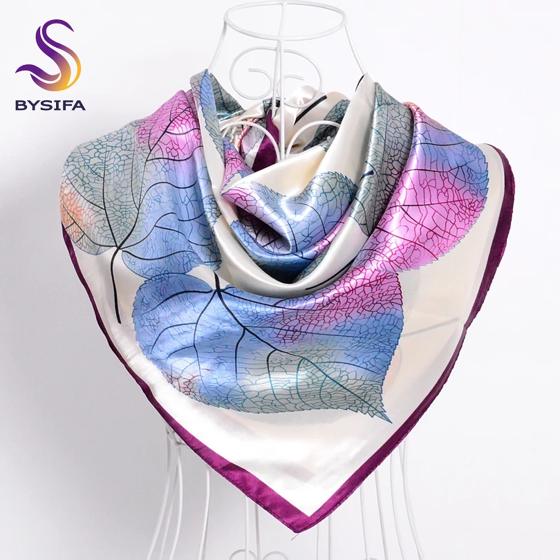 [BYSIFA] New Spring Silk Scarf Shawl Fashion Accessorries Muslim Women Head Scarf 90*90cm Elegant Leaves Pattern Square Scarves