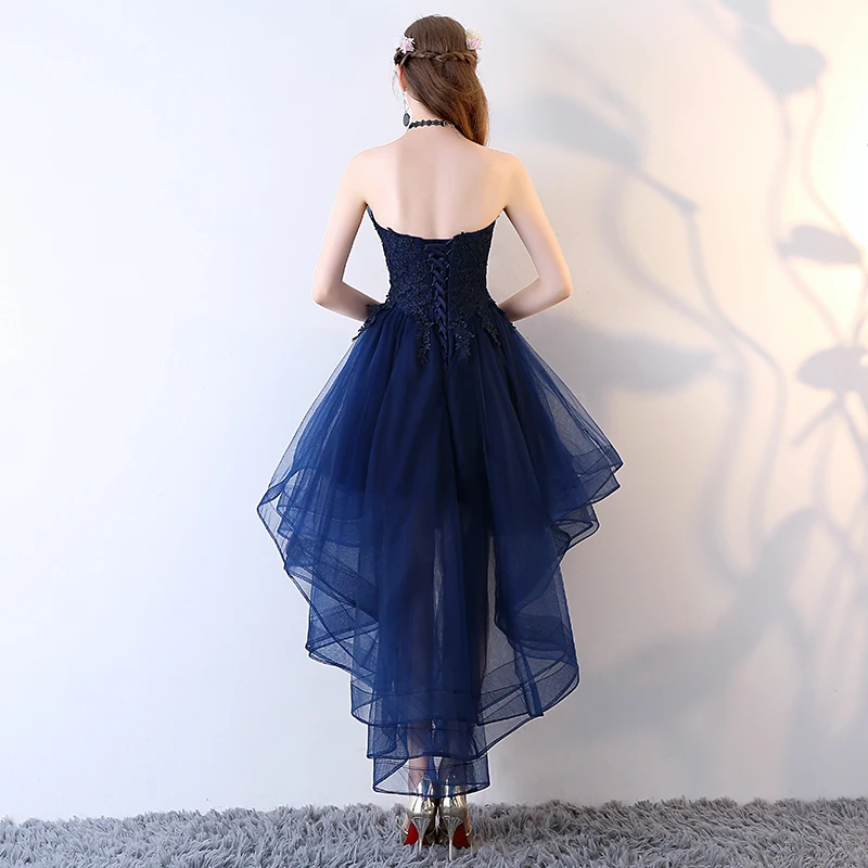 Robe De Soriee Navy Blue Lace up Strapless Short Front Long Back Elegant Evening Dress with Appliques Formal Prom Party Dress