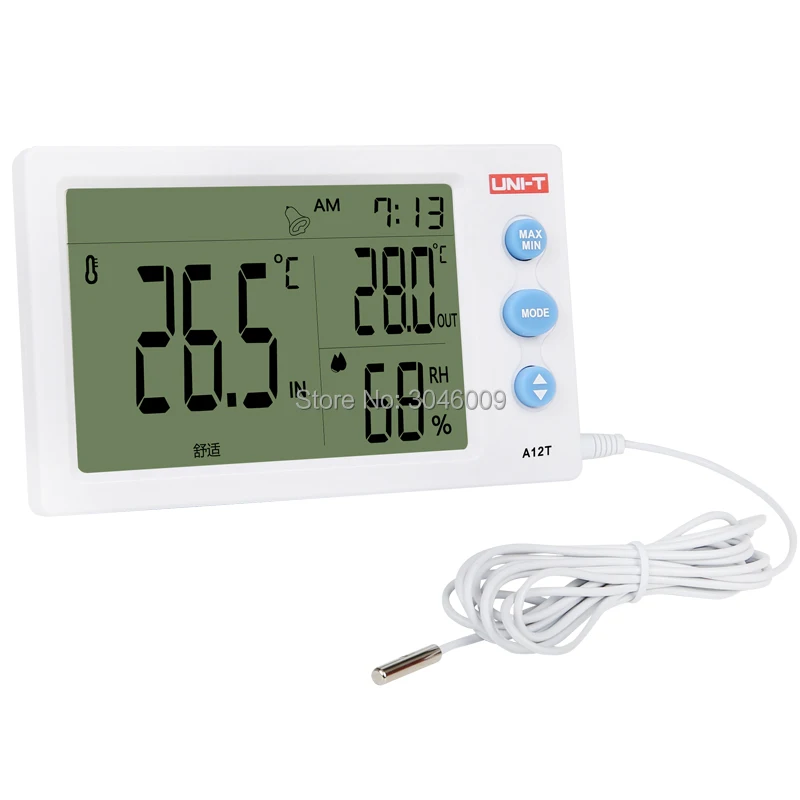 UNI-T A12T Widescreen Digital Temperature Hygrometer Clock Function Alarm Clock Function Outdoor Temperature Test